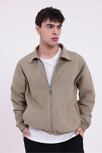 Montland Men's Khaki Gabardine Fabric Zippered Oversized Elastic Waist Transitional Jacket