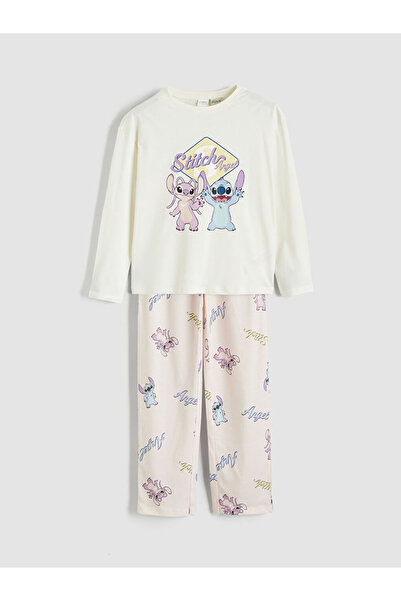LC Waikiki Bisiklet Yaka Stitch ve Angel Baskılı Kız Çocuk Pijama