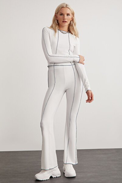 ETHIQUET Fatima women's stitch detailed Slim Fit loose fit wide leg 3 thread knitted white pants