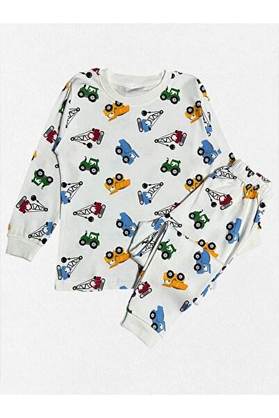 Pajama Shop Set de pijamale de iarnă cu mâneci lungi, cu model de camion tractor, culoare albă, bumbac 100% piese