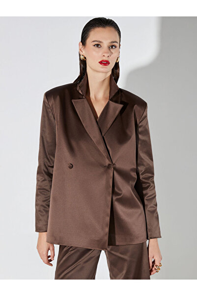 LC Waikiki Brown Double-Breasted Collar Satin Women's Blazer Jacket