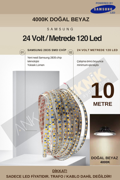 ankarateknik 24 Volt Samsung Şerit Led 10 Metre / Metrede 120 Led / 4000K Doğ...