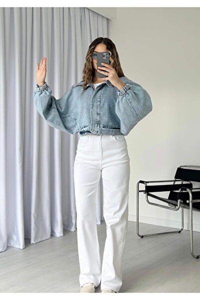 asia denim woman Denim Jacket with Balloon Sleeves