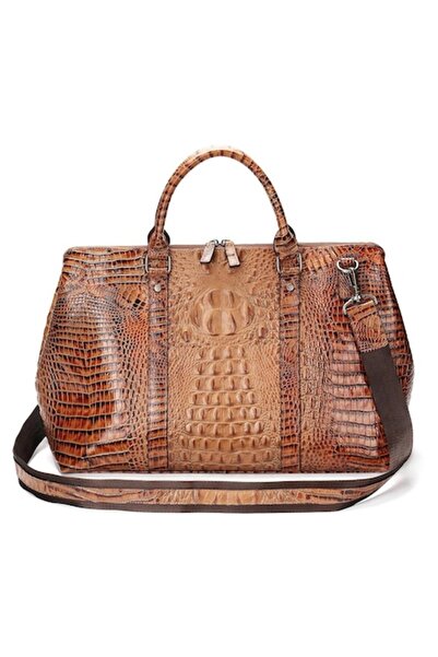 SWISSPN Travel Bag - Genuine Leather Crocodile Print, Brown, 45x31x17 cm