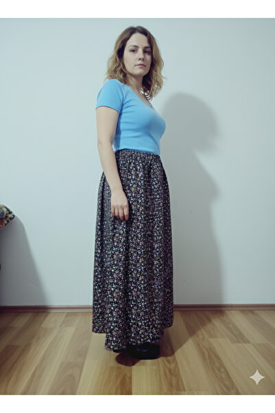 hoaryage Elastic Waist, Flowery Flannel Dividin Maxi Skirt, 95cm, Size 38, 100 kg