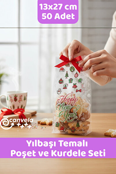 CANVELA 50 Adet Yılbaşı Temalı 13x27,5 Cm Opp Yapışkansız Poşet ve Kurdele Seti
