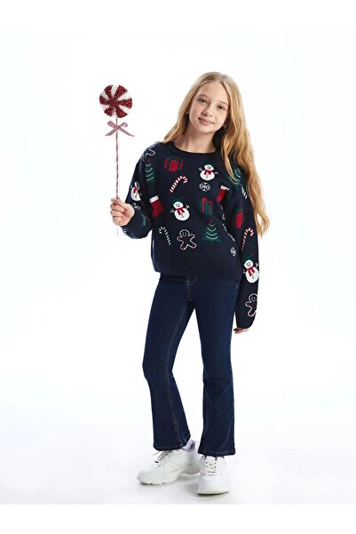 LC Waikiki Lcw Kids Navy Blue Crew Neck Christmas Themed Girl's Knitwear Sweater