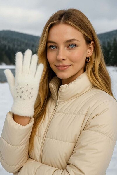 Thesra Üzeri Taşlı İçi Kürklü Tüylü Eldiven - Ekru