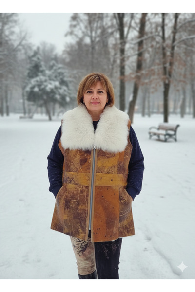 hoaryage All Sheepskin Leather Fur Vest, Fur Collar Meaty Post