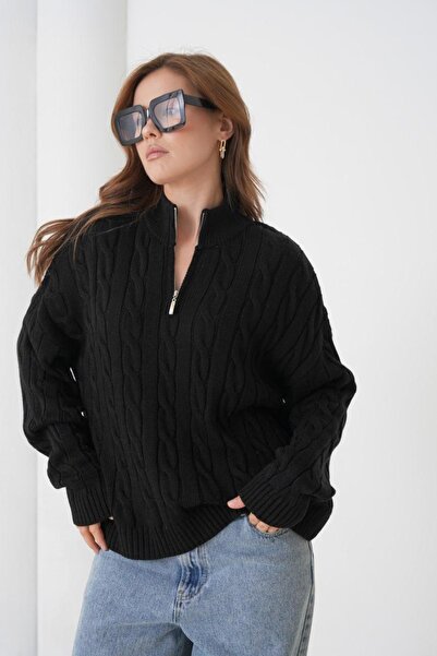 Ambessa Style Premium İplik Örgü Desenli Fermuar Yaka Kazak