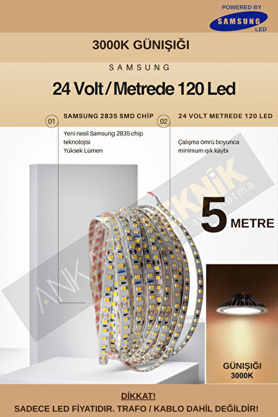 ankarateknik 24 Volt Samsung Şerit Led 5 Metre / Metrede 120 Led / 3000K Günı...