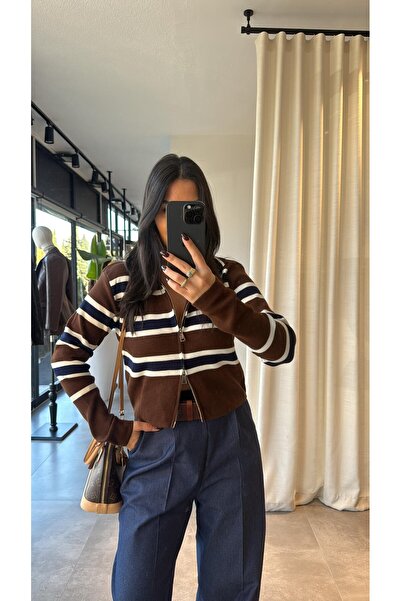 codudem Parmak geçirme detaylı çizgili fermuarlı hırka