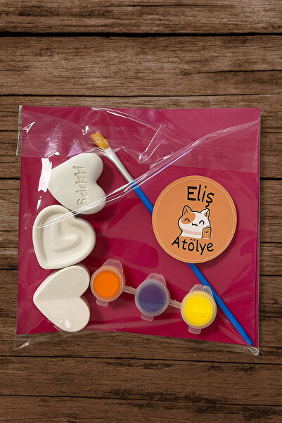 EL YAPIMI Kalp Şekilli Taş Tozu Boyama Seti – 3’lü Kalp Figür + 3 Renk Boya + Fırça