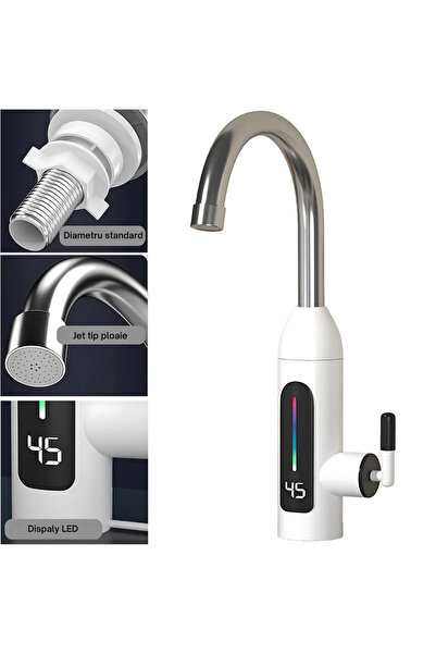 AriDam Robinet Electric AriDam® Afisaj Digital, Putere 3000W, Montaj Rapid pe Chiuveta, Design Alb/Inox