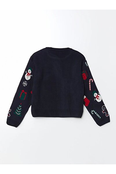 LC Waikiki Lcw Kids Navy Blue Crew Neck Christmas Themed Girl's Knitwear Sweater