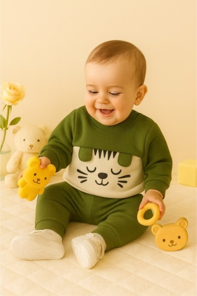 Superbaby Costumas baietel 2 piese verde cu pisicuta – confort si joaca