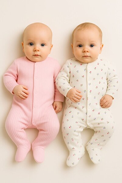 Bebe wini Plain Pink and Ecru Purple Floral 100% Cotton 2-Piece Booties Romper