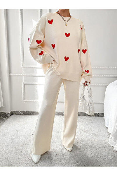 meday Clothing Γυναικείο Πλεκτό Παντελόνι με Κέντημα Καρδιάς σε Λευκό Χρώμα Σετ δύο τεμαχίων