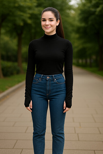 Lunmer Women's Black Modal Cotton High Neck Finger-Looped Bodysuit