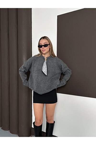 novalook Pulover tricotat supradimensionat pentru femei, cu detaliu eșarfă, d...