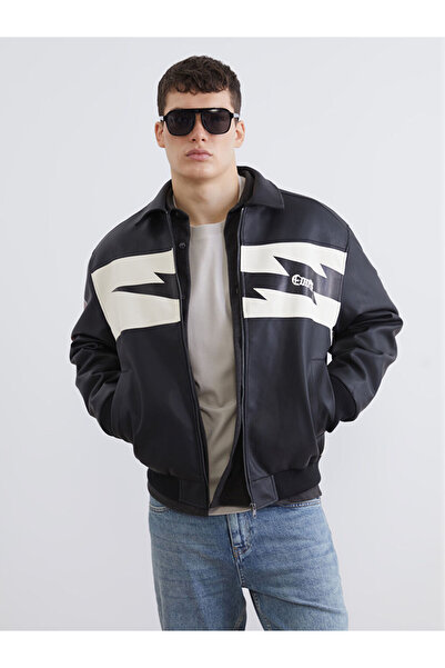 LC Waikiki Siyah Rahat Kalıp Stranger Things Baskılı Erkek Deri Görünümlü Ceket