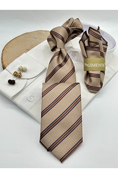 Gutiero Beige Striped Classic Tie with Handkerchief