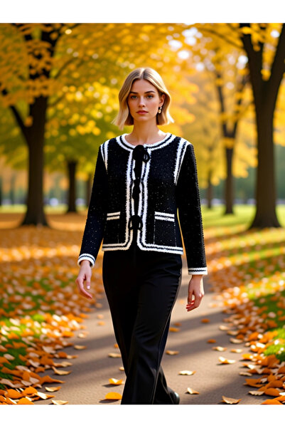 BENERLY Cardigan de damă din tricot texturat, cu detaliu de panglică contrast...