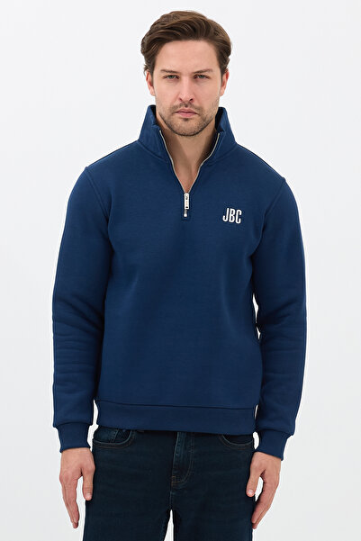 JBC Embroidered Half Zip Indigo D Mock Neck Sweatshirt