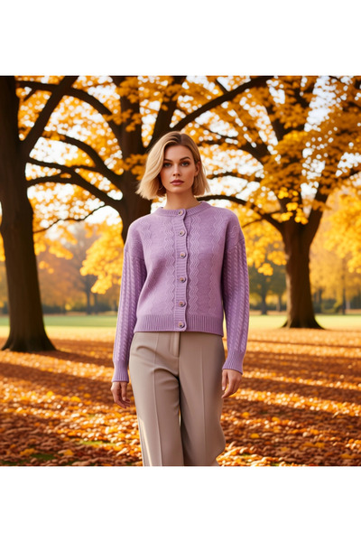 BENERLY Women's Button Detailed Hair Braid Patterned Off-Shoulder Wide Fit Kn...