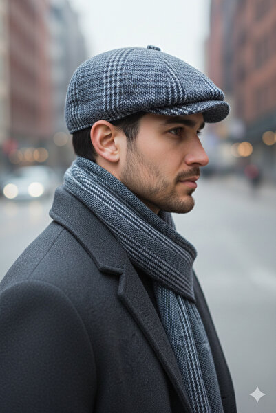STELLA VESTİNO Şık Ekose Kasket & Yünlü Atkı Seti - Erkekler İçin Soğuk Havaya Özel Stil