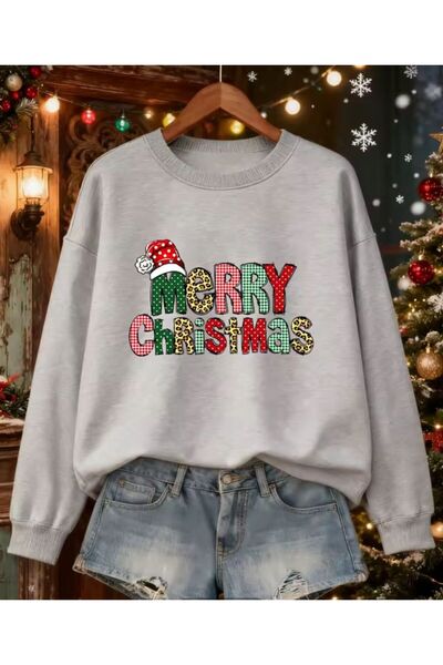 LELVANİ Meryy Christmis Written Women's Printed Gray Sweater