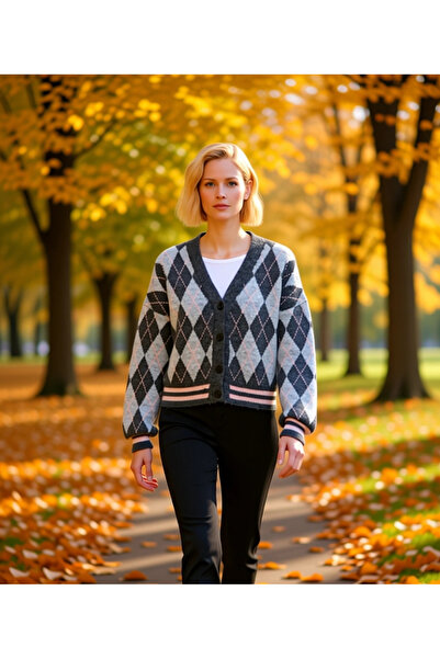 BENERLY Women's Argyle Patterned Oversized V-Neck Low-Sleeve Knitwear Cardiga...