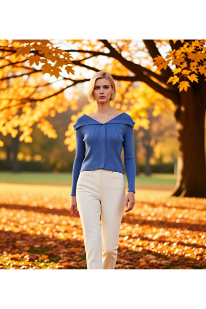 BENERLY Kadın Devrik Yaka Fitilli Triko Hırka Uzun Kollu Crop Kesim Rahat Ve ...