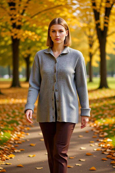 BENERLY Women's Polo Neck Corded Fabric Knitwear Cardigan with Drop Shoulder ...