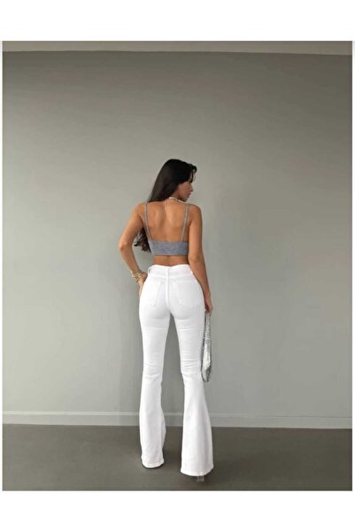 TRENDNATUREL Pantaloni spanioli albi material elastic talie înaltă