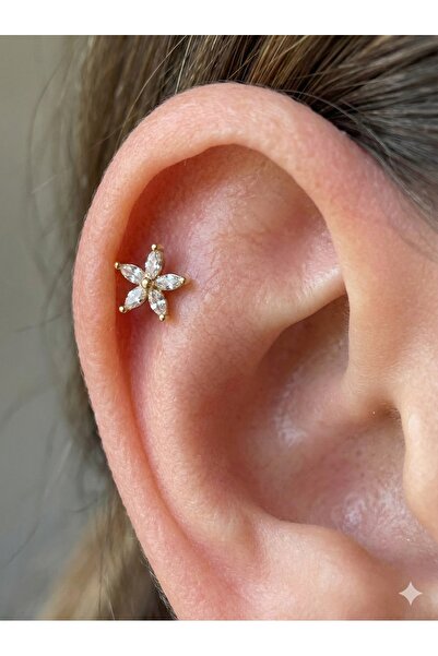 xmx Gold Renk Zirkon Taşlı 5 Yapraklı Çiçek Helix ve Tragus Piercing