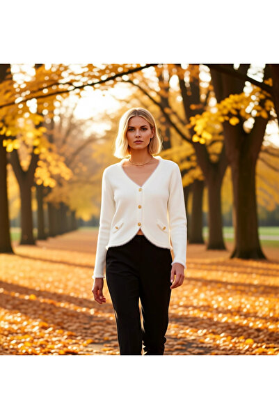 BENERLY Women's V-Neck Button Detailed Furry Textured Knitwear Cardigan Desig...