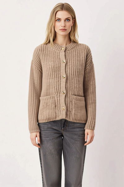 BENERLY سترة نسائية شتوية أنيقة من نوع سيلانيك محبوكة بأزرار وجيوب وأكمام طوي...