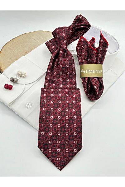 Gutiero Claret Red Patterned Classic Tie with Handkerchief