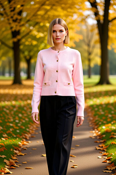 BENERLY Kadın Premium İplik Crop Triko Hırka Cep Detaylı Düğmeli Uzun Kollu B...