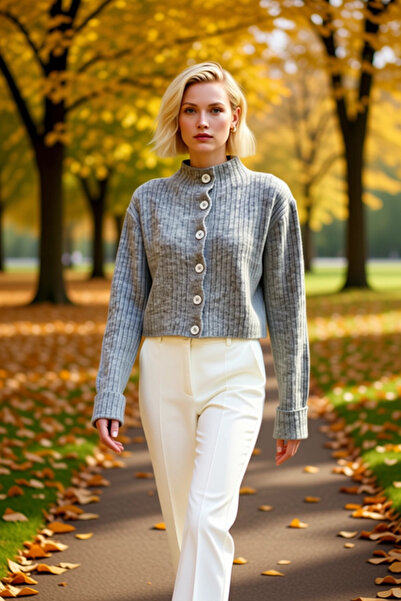 BENERLY Women's Mock Neck Corded Fabric Woven Crop Oversized Knitwear Cardiga...