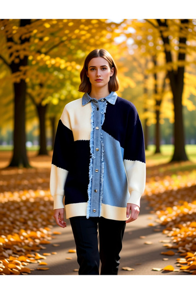 BENERLY Women's Color Block Denim Detailed Knitwear Cardigan Functional Durab...