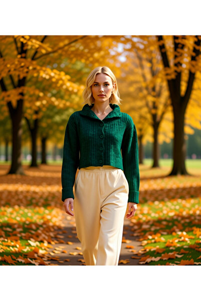 BENERLY Women's Mock Neck Corded Fabric Woven Crop Oversized Knitwear Cardiga...