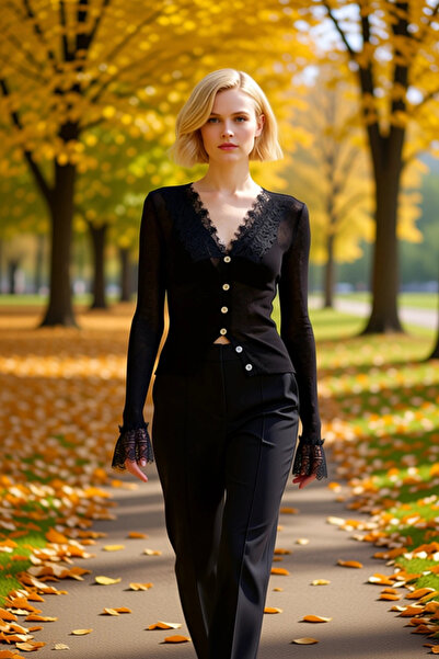 BENERLY Tricotaj cu decolteu în V brodat cu dantelă pentru femei, cardigan cu...