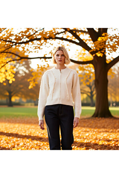 BENERLY Zippered Stone Detailed Soft Textured Knitwear Cardigan Coat-Looking ...