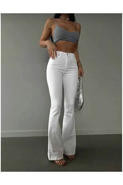 TRENDNATUREL Pantaloni spanioli albi material elastic talie înaltă