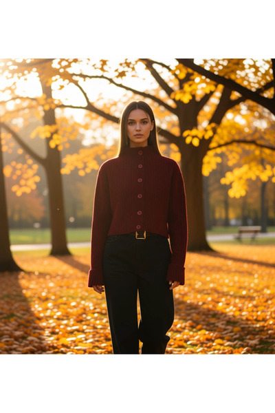 BENERLY Women's Mock Neck Corded Fabric Woven Crop Oversized Knitwear Cardiga...