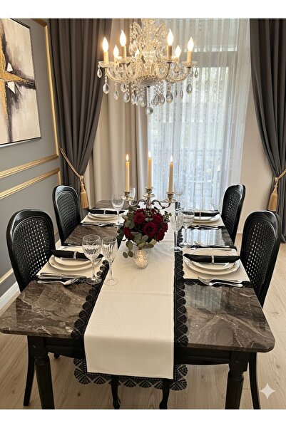 Durushe Carla Black Lace Framed Runner + Set of 2 Napkins – Modern & Classic Elegance