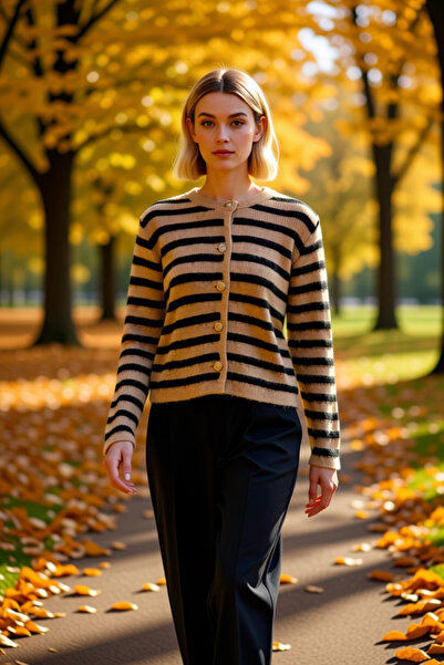 BENERLY Women's Soft Textured Striped Crew Neck Long Sleeve Button down Regul...