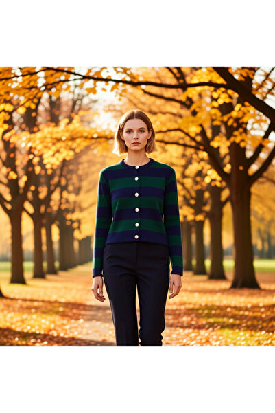 BENERLY Tricotaj cu nasturi, cu guler tip crew, în dungi, pentru femei, cardi...